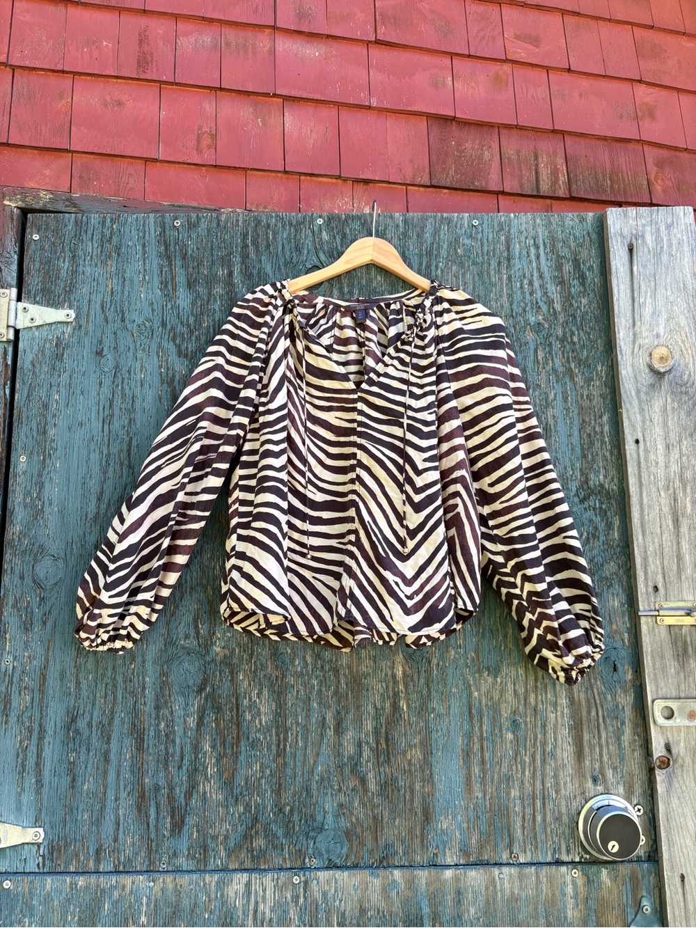 Banana Republic Silk Zebra Print Long-Sleeve Peasant Blouse - Black & Cream